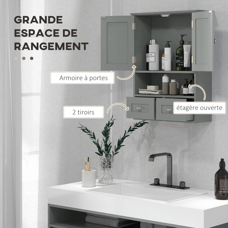 kleankin Armoire murale de salle de bain, armoire de toilette, avec portes, étagère, 2 tiroirs, 50,8l x 17,8P x 66H cm, gris