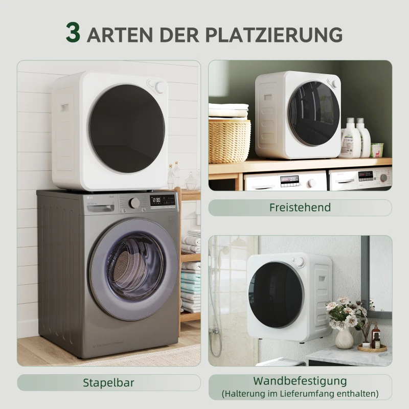 HOMCOM Mini Wäschetrockner 4 kg mit 5 Programme bis zu 60℃ 800W/400W Ablufttrockner mit Edelstahltrommel Weiß