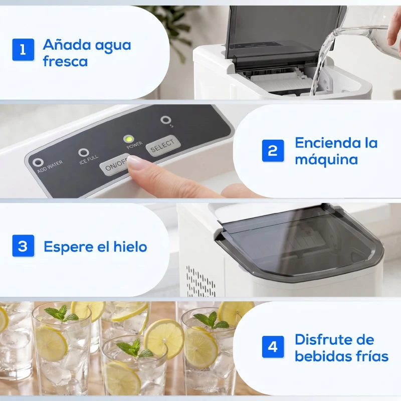 HOMCOM Máquina de Hielo Autolimpiable 12 kg/24H 9 Cubitos Listos en 7 Minutos 2 Tamaños de Hielo 1,5L Depósito Blanco