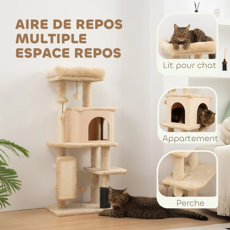PawHut Arbre à Chat, Tour de Jeux, Hauteur de 104 cm, avec Lit, Maison, Brosse de Toilettage, 44l x 34P x 104H cm, Beige