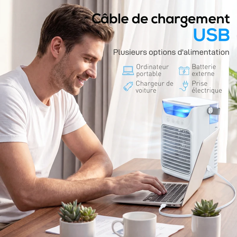 HOMCOM Climatiseur portable, mini rafraîchisseur d'air 4 en 1, 3 vitesses, 2 modes brumisation, éclairage LED RGB 7 LED, blanc