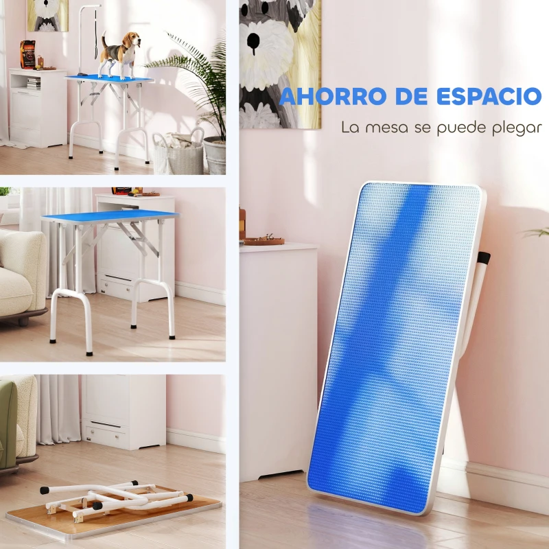 PawHut Mesa de Peluquería Canina Plegable con Encimera Antideslizante Brazo Ajustable 81x48,5x80 cm Azul
