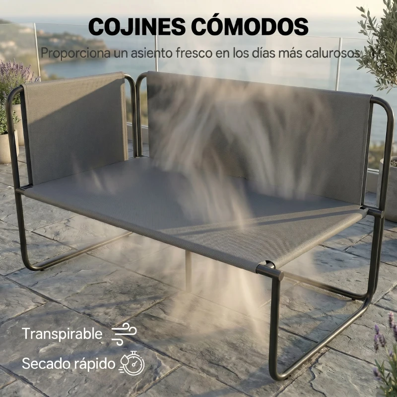 Outsunny Conjunto Jardín Exterior de 4 Piezas con 2 Sofás 2 Plazas 2 Mesas de Vidrio Cojines Fundas Extraíbles y Bolsillos Caqui