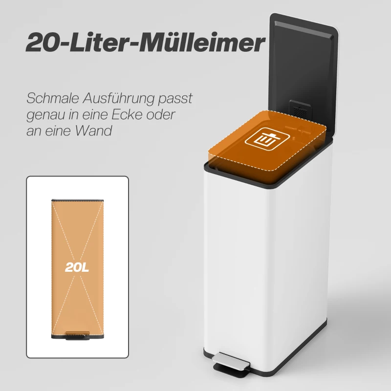 HOMCOM Mülleimer 20L, Soft-Close-Deckel, Deodorant-Fach, Fingerabdrucksicher, Edelstahl, Weiß