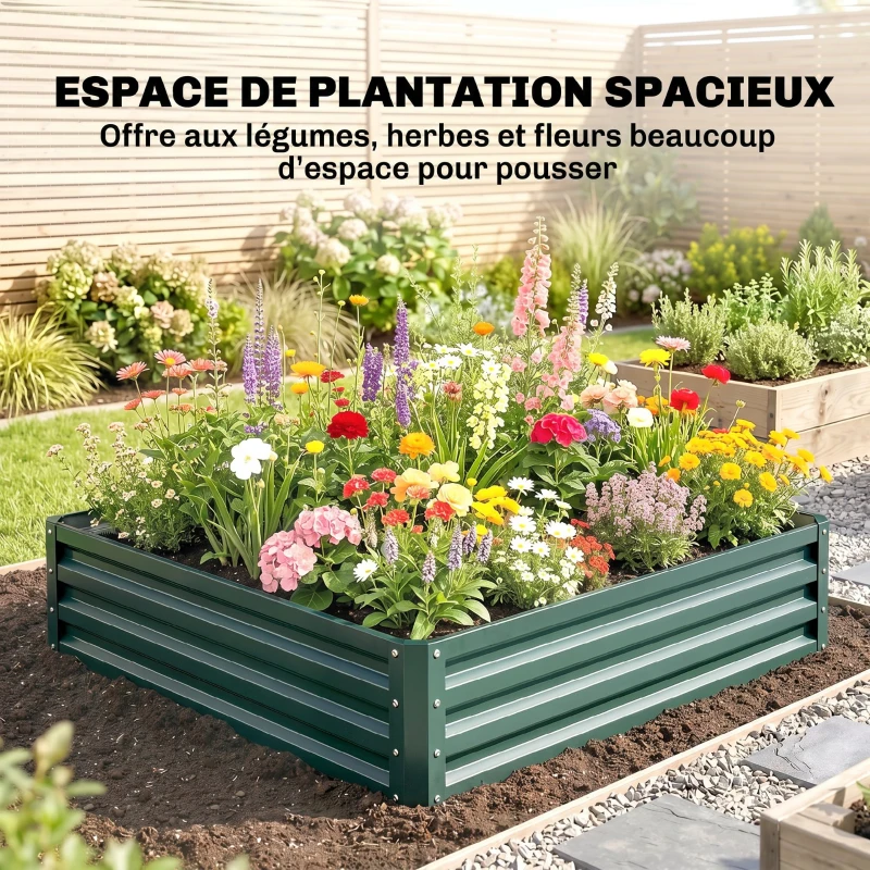 Outsunny Carré potager de jardin tôle d'acier ondulée 120 x 120 x 30 cm vert foncé