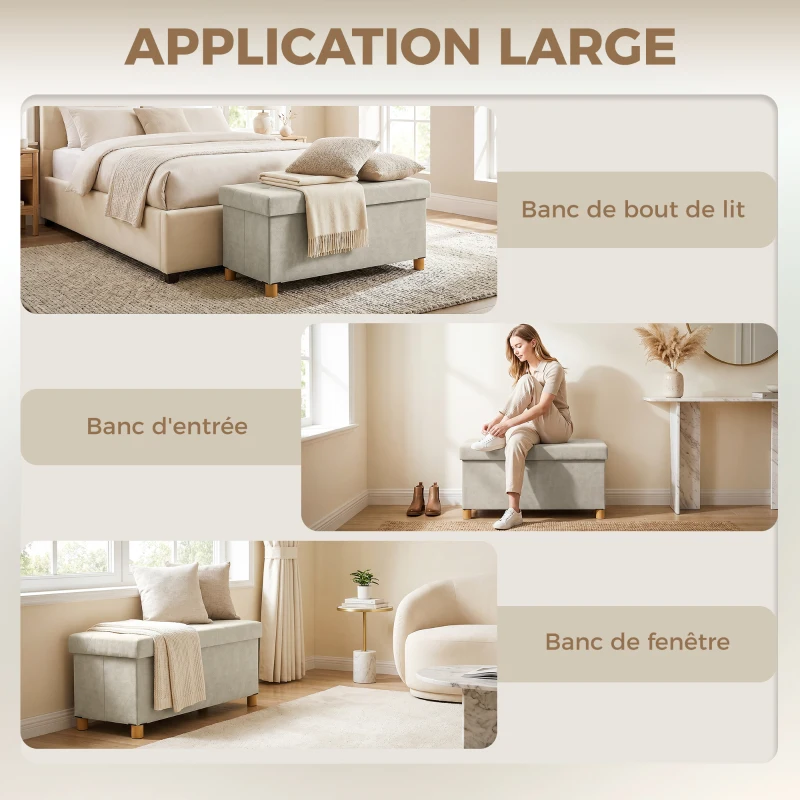 HOMCOM Banc de rangement bout de lit pliable volume 67 L capacité de charge 120 kg avec couvercle 76L x 38l x 38H cm crème