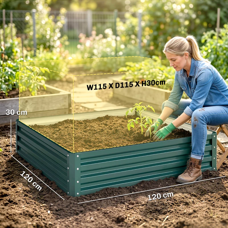 Outsunny Carré potager de jardin tôle d'acier ondulée 120 x 120 x 30 cm vert foncé