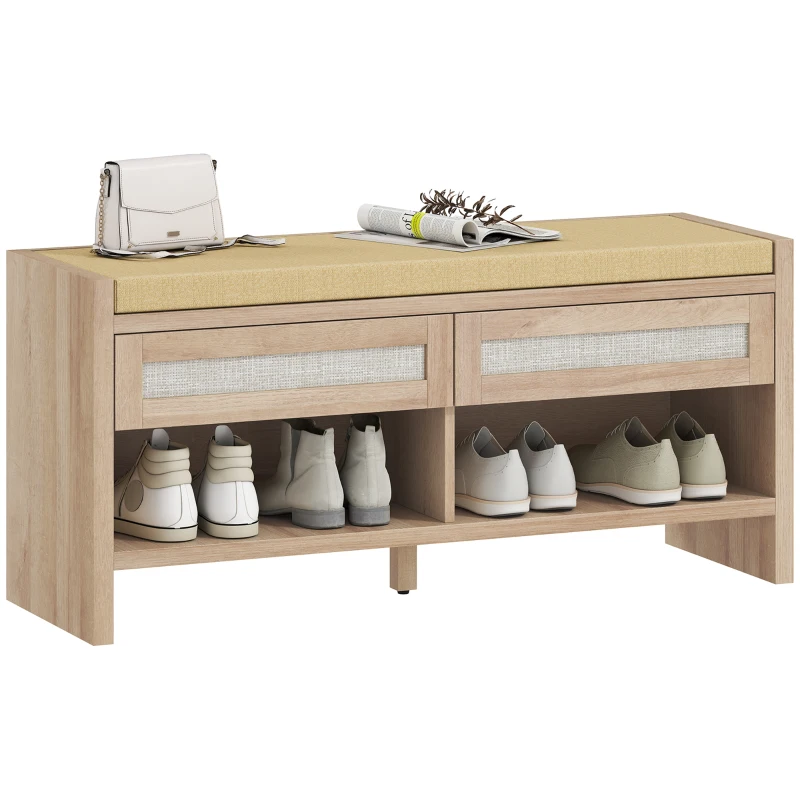 HOMCOM Boho Shoe Bench with 2 Rattan Drawers, Shoe Storage Bench with Cushioned Seat and Open Shelf Oak Wood Effect