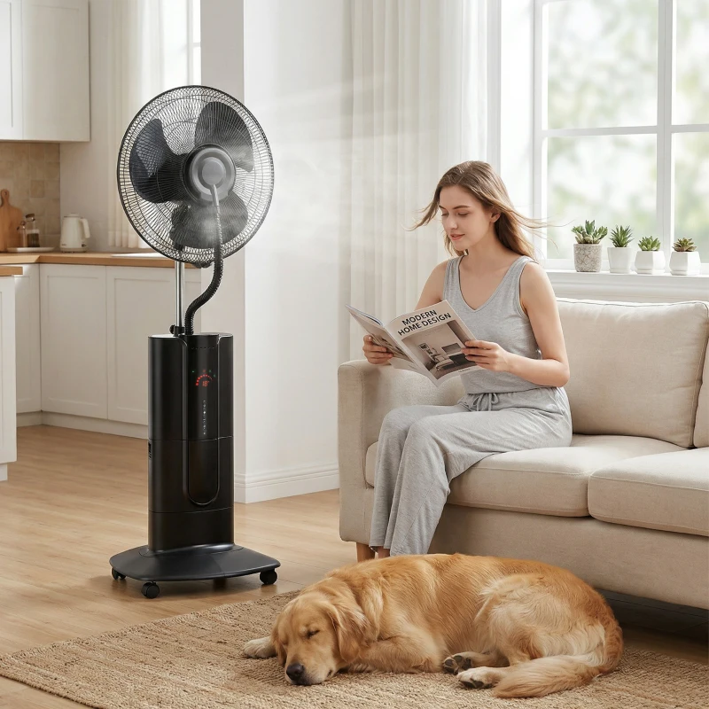 HOMCOM Ventilateur brumisateur 100 W à ionisation négative, ventilateur sur pied 130 cm, 3 vitesses, 3 modes, minuterie, noir