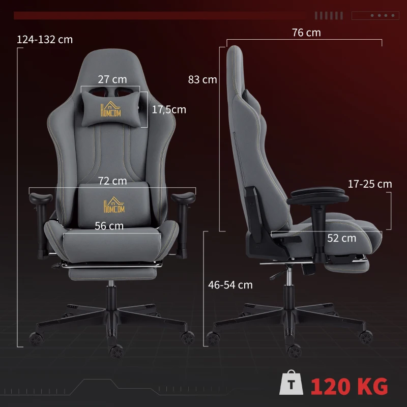 HOMCOM Chaise gaming ergonomique, fauteuil gamer avec accoudoirs 3D, dossier inclinable, hauteur réglable, 72x76x132cm, gris