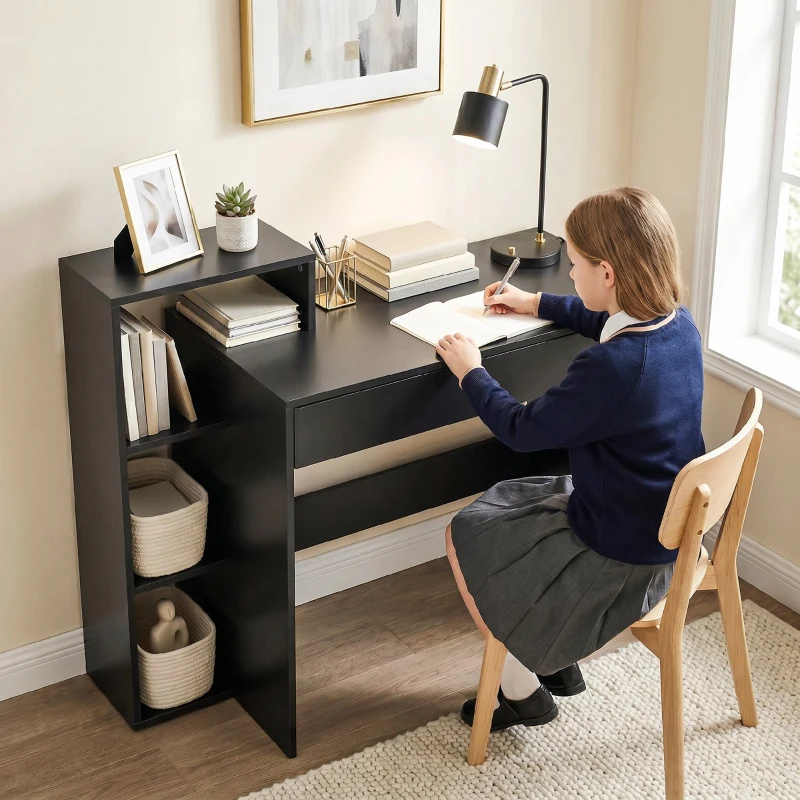 HOMCOM Bureau avec rangement, bureau d'ordinateur avec 3 étagères de rangement et tiroir, 100 x 40 x 90 cm, noir