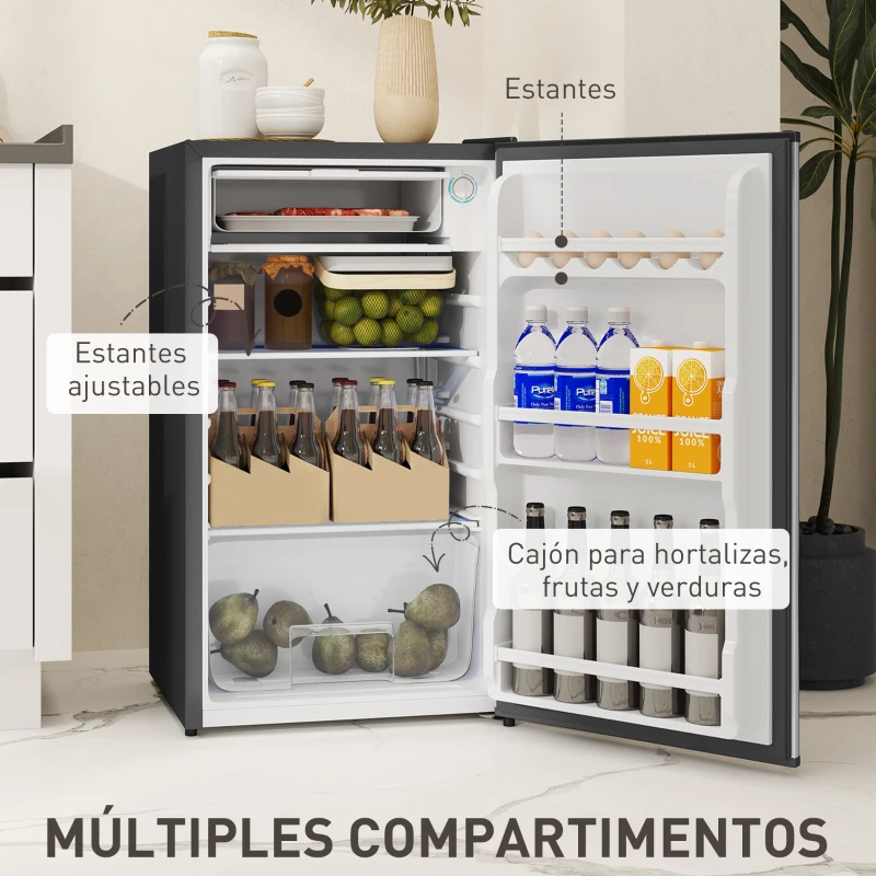 HOMCOM Mini Nevera Silenciosa 91 L Clase E con Temperatura Regulable 5 Niveles Puerta Reversible Estantes Ajustables Negro