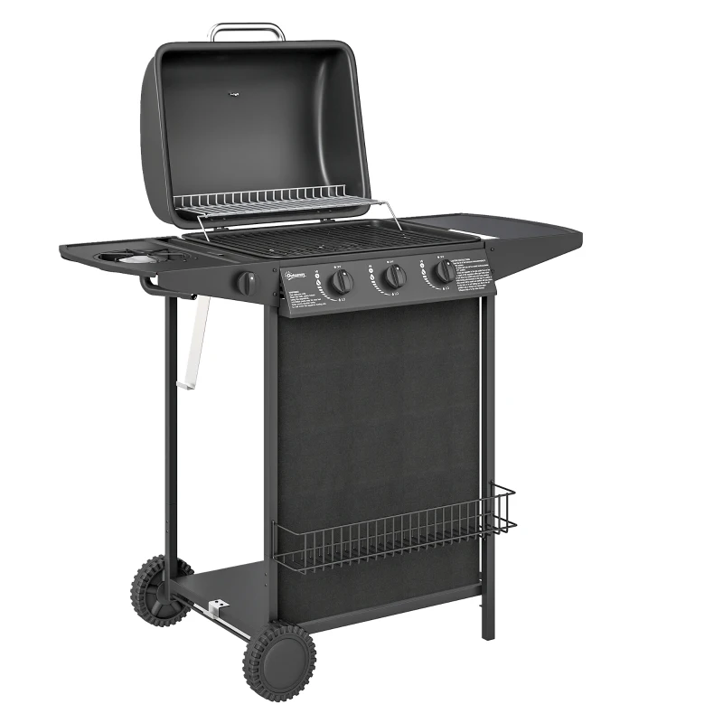 Outsunny Barbecue gaz 3+1 brûleurs en acier, puissance 9,5 kW, barbecue de jardin table latérale, 108 x 54 x 97 cm, noir