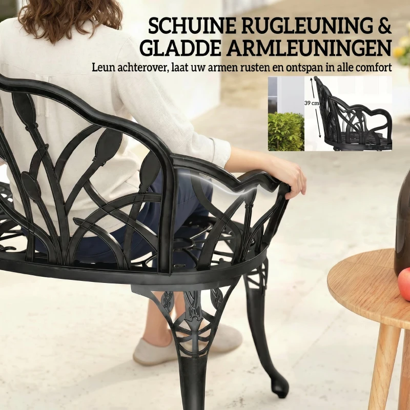 Outsunny Tuinbank 2-zits gietaluminium weerbestendige buitenzitbank met tulp-rugleuning bloemenmotief 99 x 57 x 78 cm