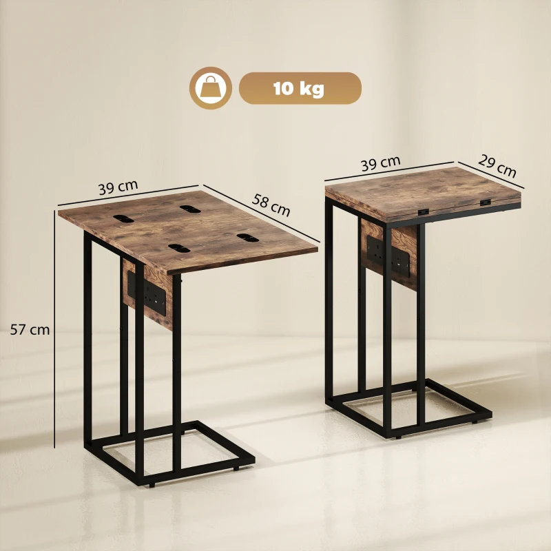 HOMCOM C Shaped Side Table with Charging Station and Foldable Top - Rustic Brown