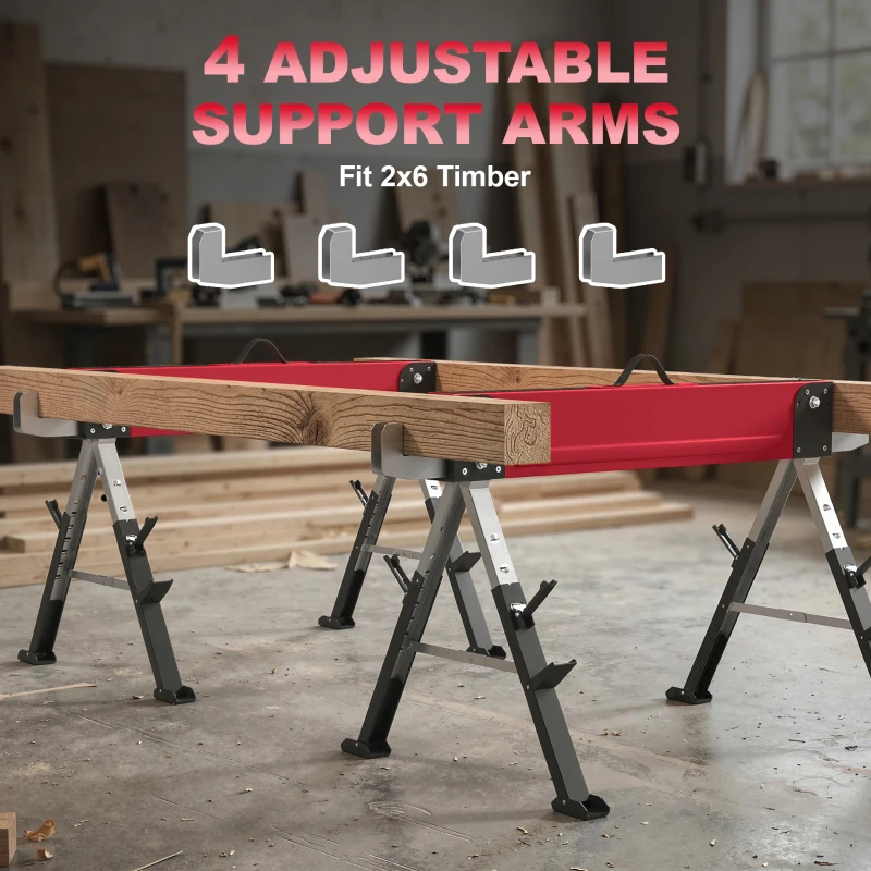 HOMCOM 2-delige set zaagbokken tot 1160 kg, inklapbaar, 7-voudig in hoogte verstelbaar (64-81 cm), metalen werkbokken met handgreep, rood