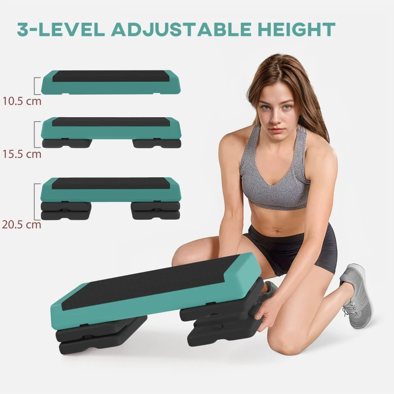 Regulowany step fitness SPORTNOW, 3 poziomy wysokości (10,5/15,5/20,5 cm), antypoślizgowy, zielony