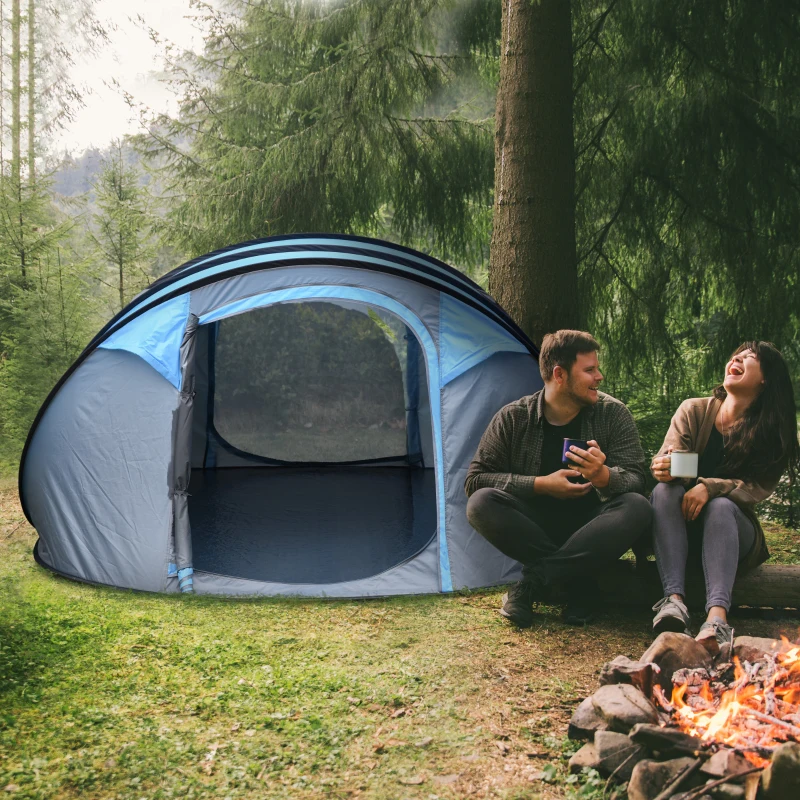 Outsunny Tenda da Campeggio Pop Up 2 Posti con 2 Porte, 4 Finestre e Telo Impermeabile, 263.5x220x123 cm, Blu