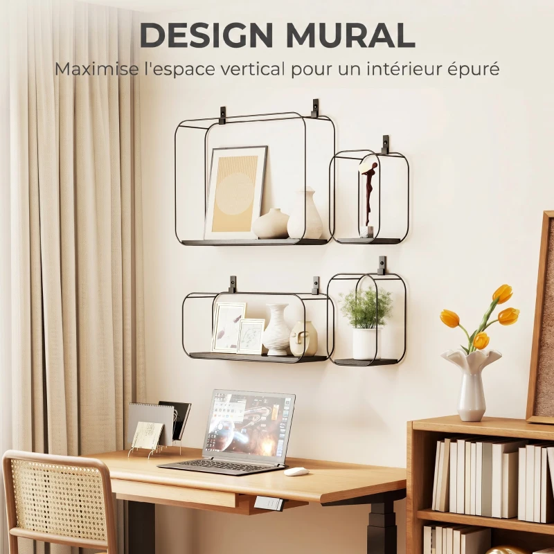 HOMCOM Lot de 4 étagères murales industrielles, étagères flottantes géométriques en métal, pour salon, chambre et bureau, noir