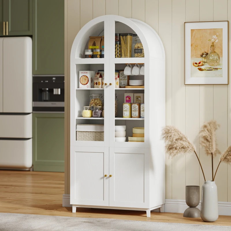 HOMCOM Armoire de cuisine, vaisselier vitrine avec 4 portes dont 2 en acrylique et étagères réglables, 78 x 40 x 180 cm, blanc