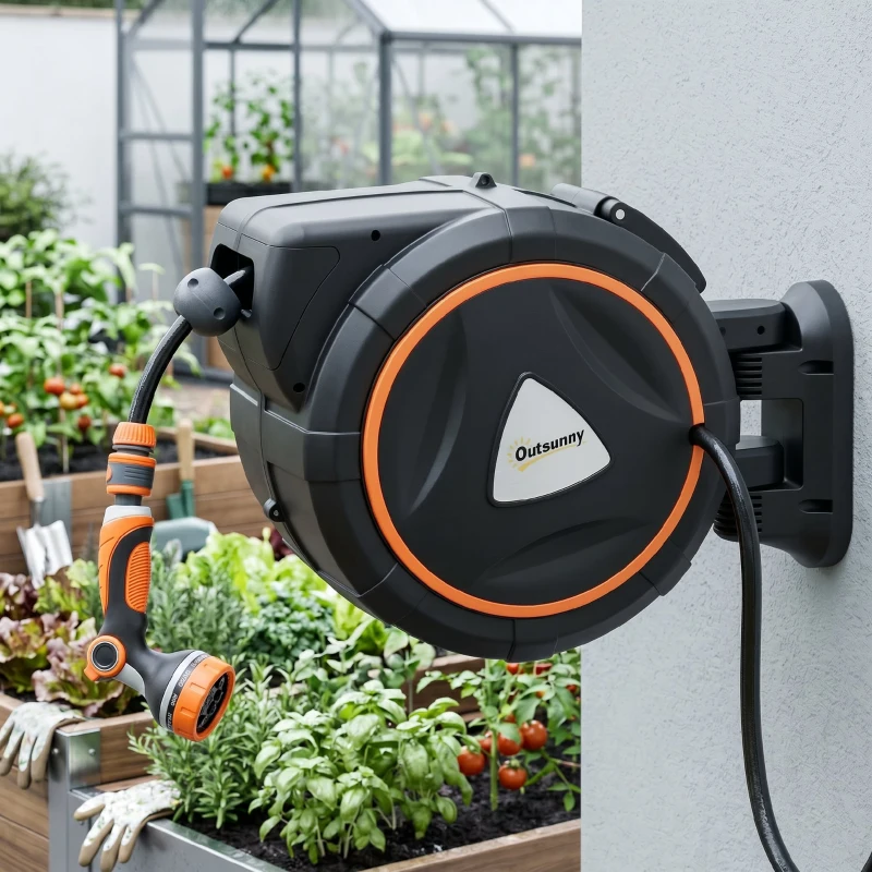 Outsunny furtun retractabil, suport furtun, role pentru furtun