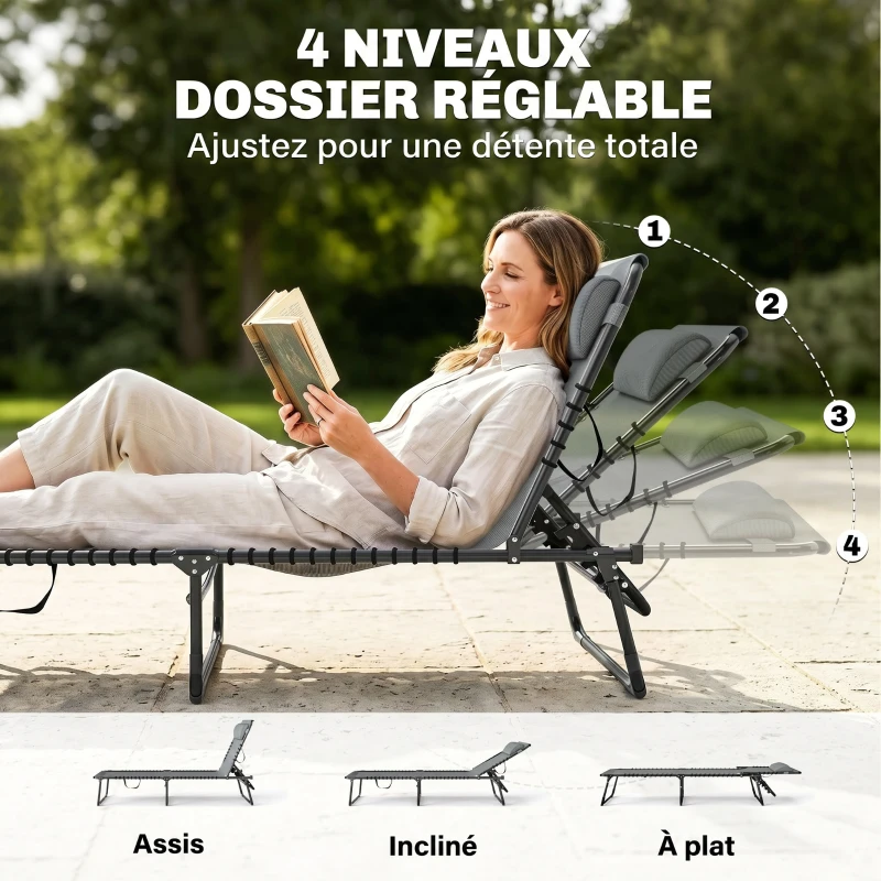 Outsunny Bain de Soleil transat Pliable Dossier inclinable Multi-Positions Acier thermoplastique Lacets élastiques Noir textilène Gris