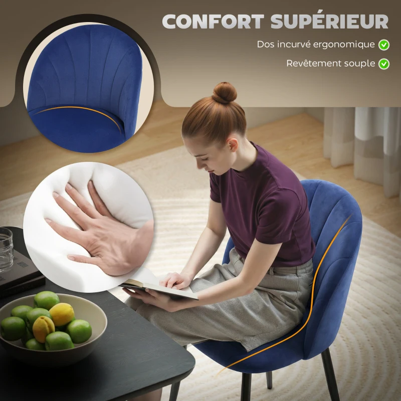 HOMCOM Lot de 2 chaises de salle à manger, chaises de cuisine rembourrées sans accoudoirs, pieds en acier, 52x55x79cm, bleu