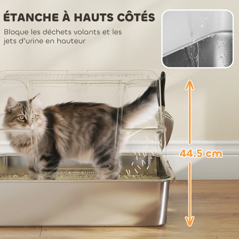 PawHut Bac à Litière XL en Acier Inoxydable pour Grand Chat, Couvercle Pivotant 100°, Pelle, 60,2x40,2x44,5cm, Gris Clair