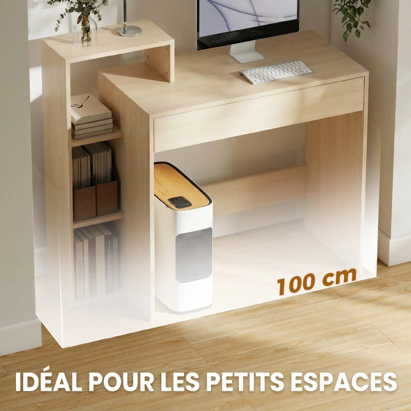 HOMCOM Bureau avec rangement, bureau d'ordinateur avec 3 étagères de rangement et tiroir, 100 x 40 x 90 cm, bois naturel
