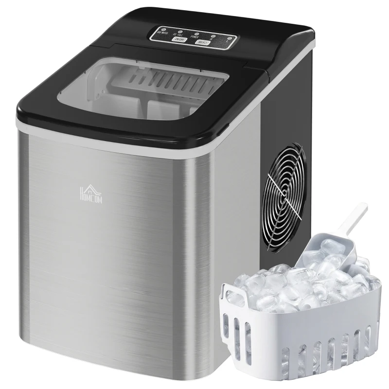 HOMCOM Ice Maker Machine Countertop, 9 Ice Cubes in 8 Mins, 12KG in 24Hrs, Self-Cleaning Portable Ice Cube Maker w/ Adjustable Ice Size, Ice Scoop, Basket, Stainless Steel, No Plumbing Required, Black