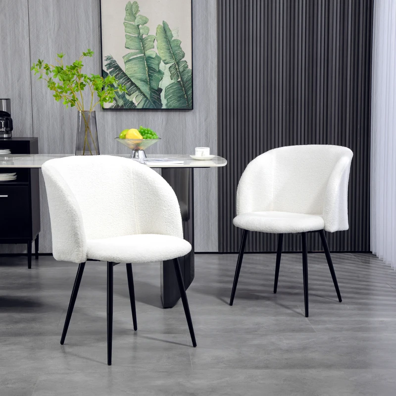 HOMCOM Lot de 2 chaises de salle à manger avec dossier en tissu effet laine boucleé pieds en acier 55 x 62 x 80 cm blanc noir