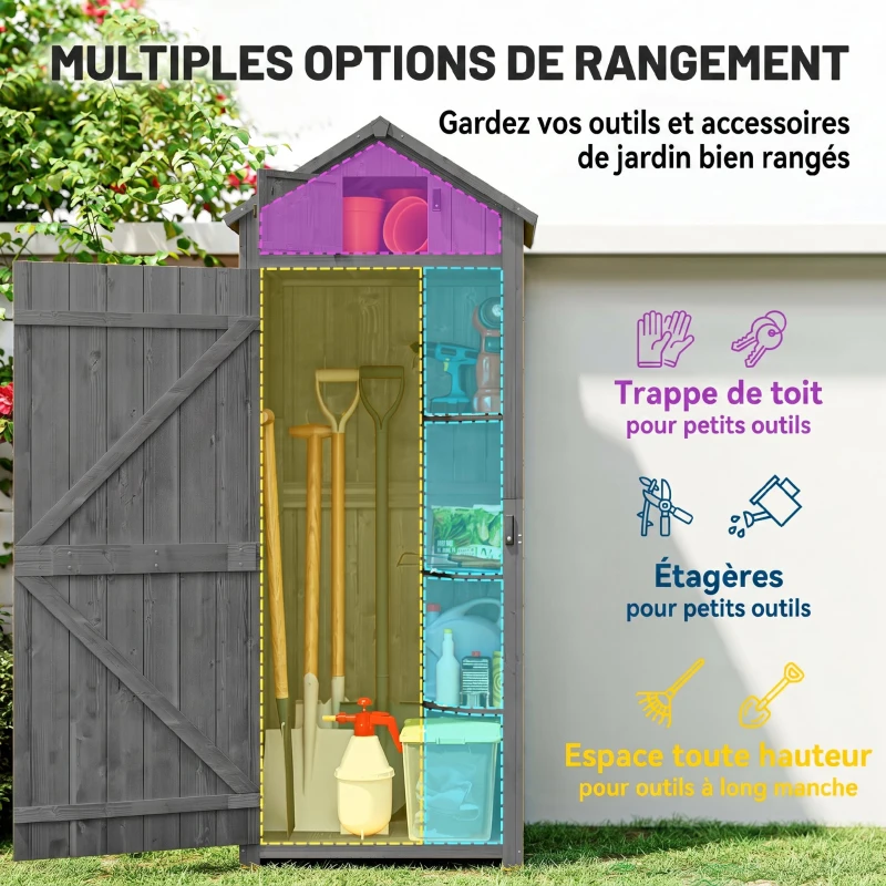 Outsunny Armoire de jardin extérieur abri de jardin en bois abri pour outils 3 étagères 2 Portes loquets Toit Pente bitumé rangement et stockage extérieurs 77 x 54 x 179 cm Sapin traité Gris