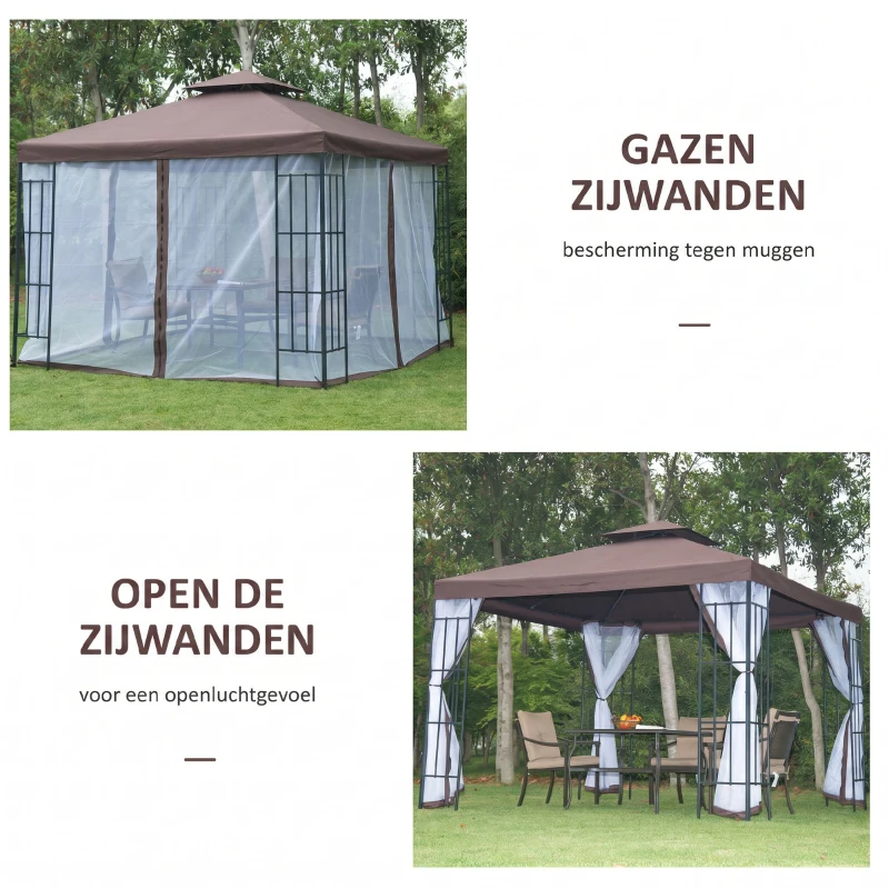 Outsunny Partytent in de tuin partytent paviljoen tuintent feesttent dubbel dak 3 x 3 m bruin