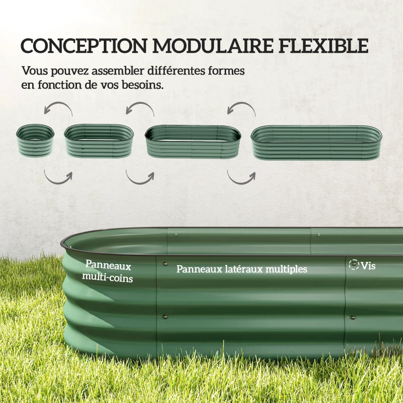 Outsunny Jardinière surélevée carré potager de jardin en acier modulable légumes, plantes, fleurs, dim. 195 x 62 x 30 cm vert