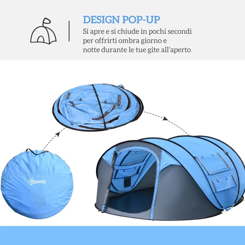 Outsunny Tenda da Campeggio Pop Up 2 Posti con 2 Porte, 4 Finestre e Telo Impermeabile, 263.5x220x123 cm, Blu