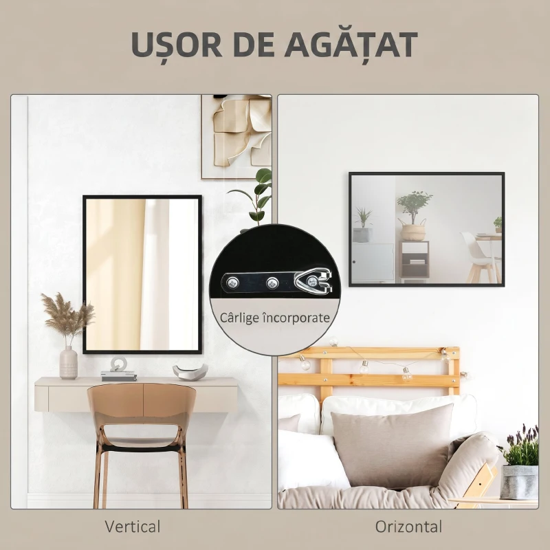 HOMCOM Oglindă de Perete Dreptunghiulară cu Agățători, din Sticlă și MDF, 60x80 cm, Neagră