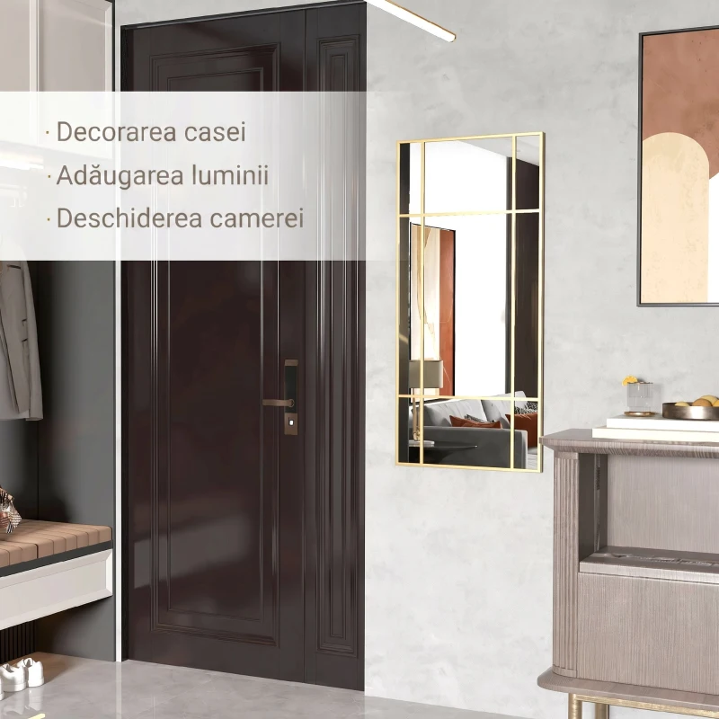 HOMCOM Oglindă de Perete Stil Fereastră cu Montare Verticală și Orizontală, 110x50cm, Aurie