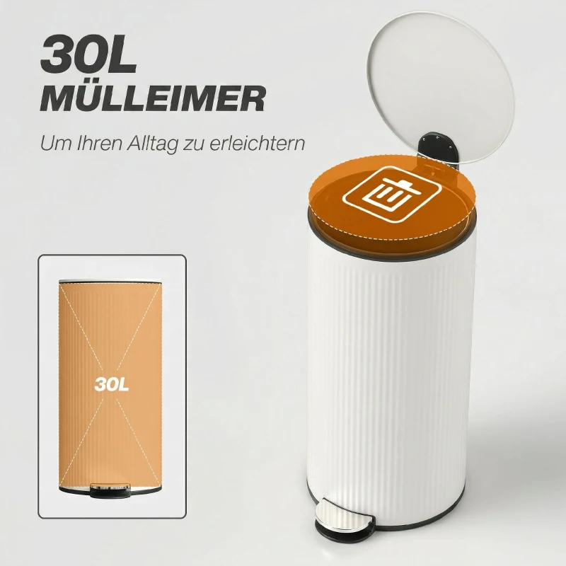 HOMCOM Poubelle cuisine 30L, poubelle à pédale avec seau intérieur amovible, couvercle à fermeture douce, 36x30x60,5cm, crème