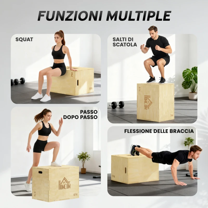 HOMCOM Plyo Box in Legno a 3 Altezze, Jumping Box Pliometrico Capacità 120kg, 61x51x76cm