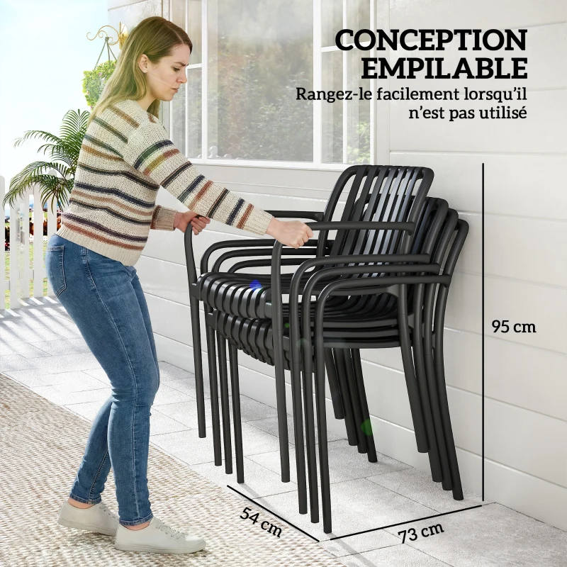 Outsunny Lot de 4 Chaises de Jardin Empilables avec Dossier Incurvé et Accoudoirs, pour Piscine Terrasse, 55x58,5x81,5cm, Noir