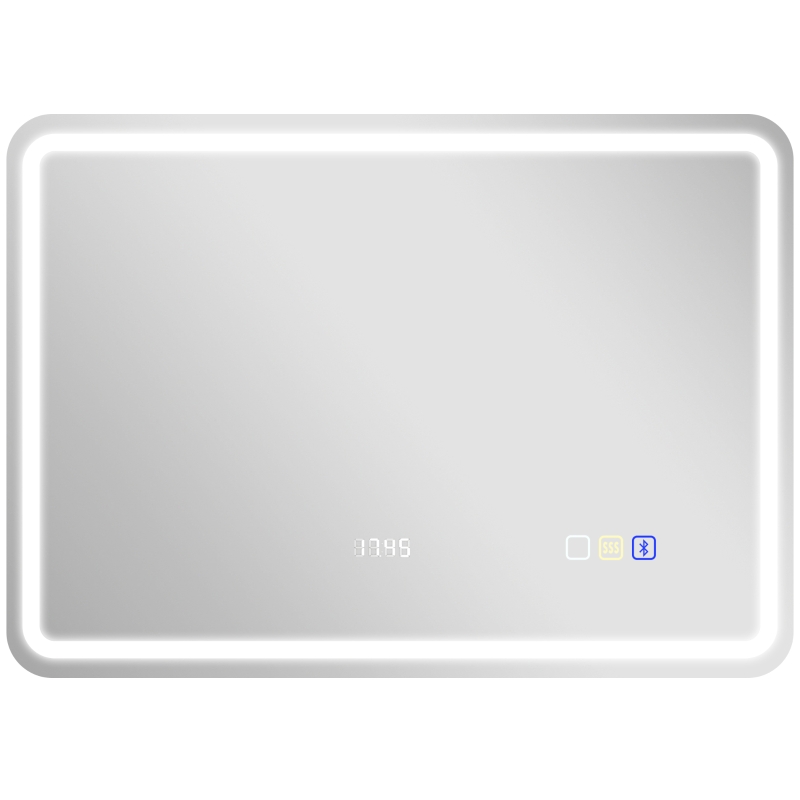 HOMCOM Miroir salle de bain Bluetooth avec éclairage LED 50 x 70 cm, miroir lumineux mural avec horloge, antibuée, argenté