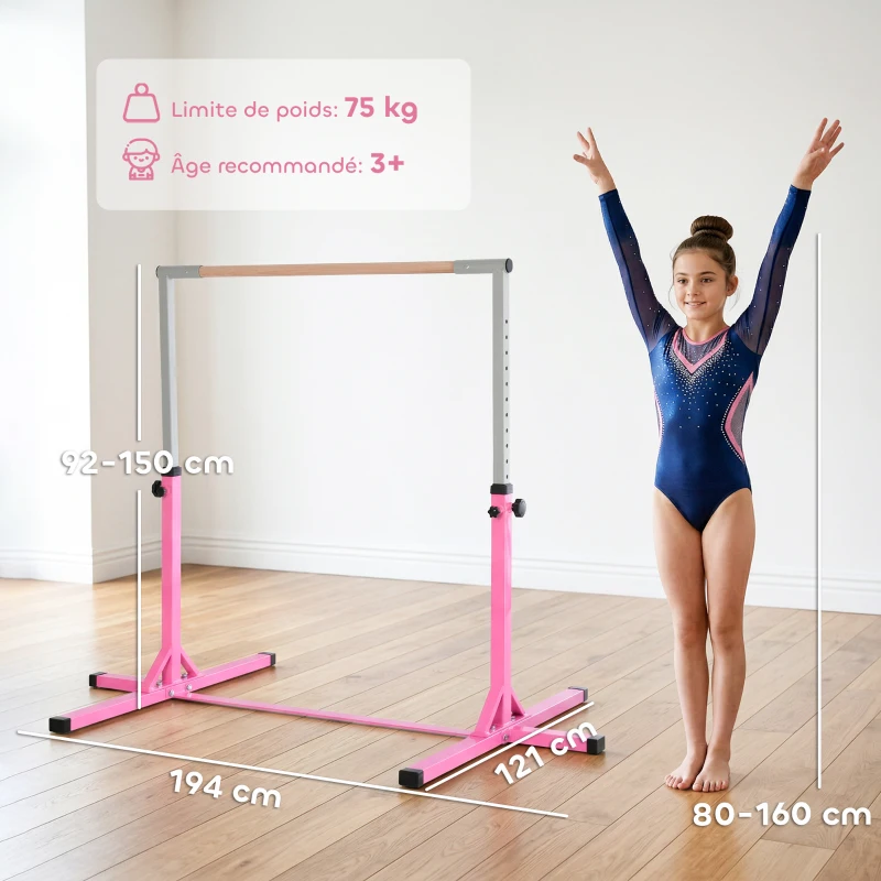 HOMCOM Barre fixe de gymnastique pour enfant, hauteur réglable 13 niveaux de 92-150 cm, en acier et bois en hêtre, barre de gym d'entrainement à domicile, antidérapant, facile à assembler, rose