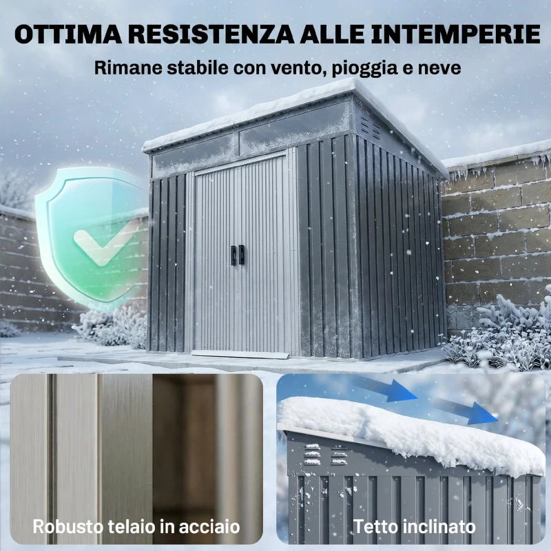 Outsunny Casetta da Giardino Porta Attrezzi con 4 Finestre e 2 Ganci, in Acciaio Zincato, 195x122x181.5 cm, Grigio