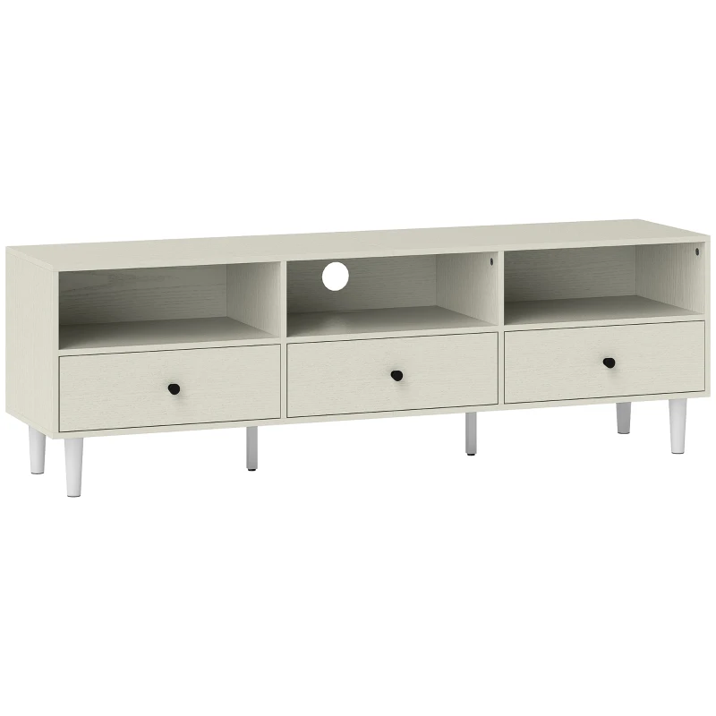 HOMCOM Meuble TV pour jusqu'à 75" avec 3 tiroirs, 3 étagères ouvertes et passe-câbles, 140 x 34 x 45 cm, crème