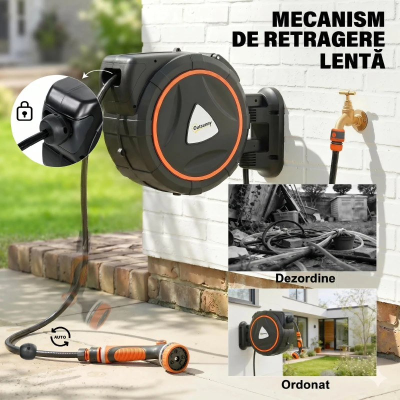 Outsunny furtun retractabil, suport furtun, role pentru furtun