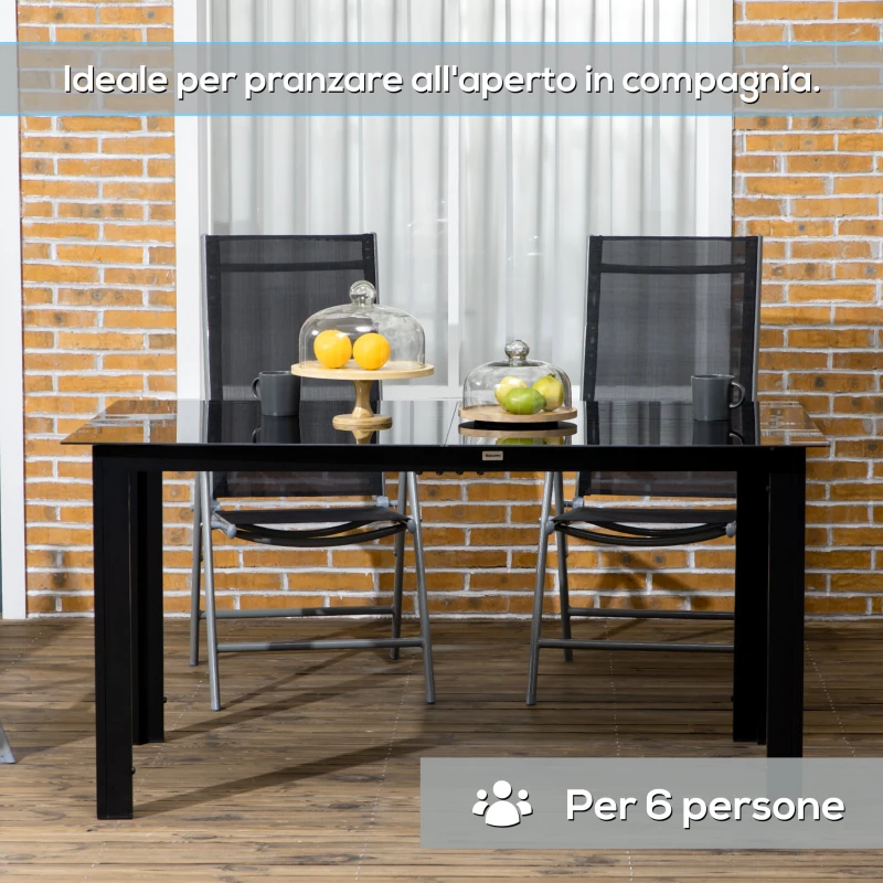 Outsunny Tavolo da Giardino Rettangolare per 6 Persone con Piano in Vetro e Alluminio, 150x90 cm, Nero