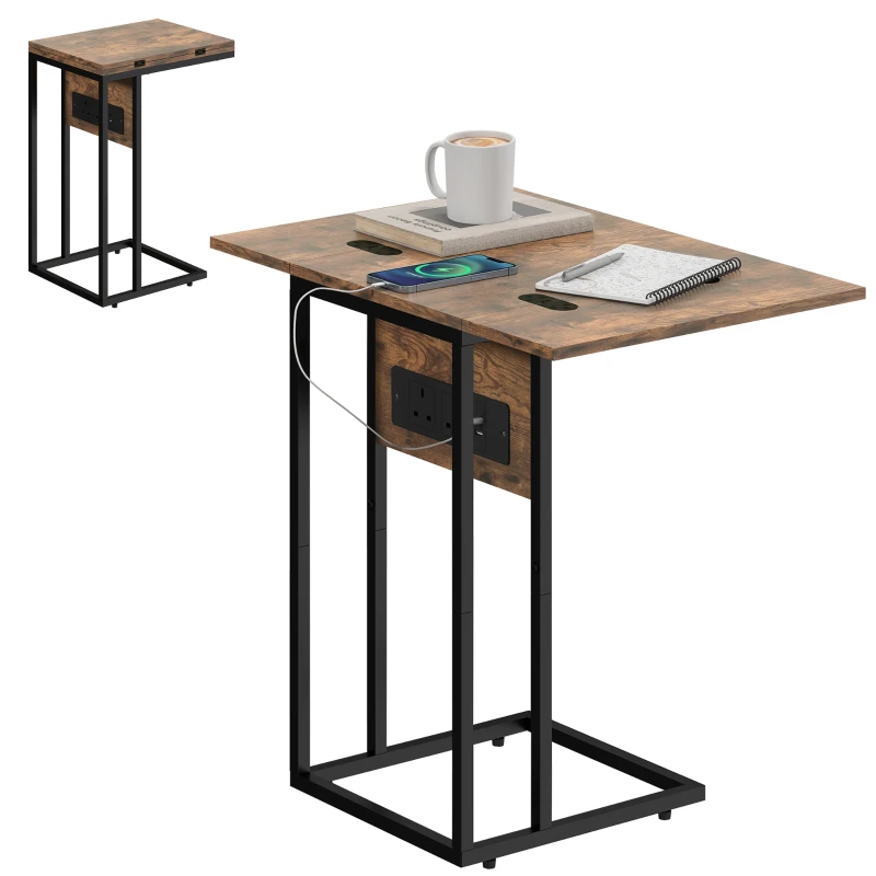 HOMCOM C Shaped Side Table with Charging Station and Foldable Top - Rustic Brown