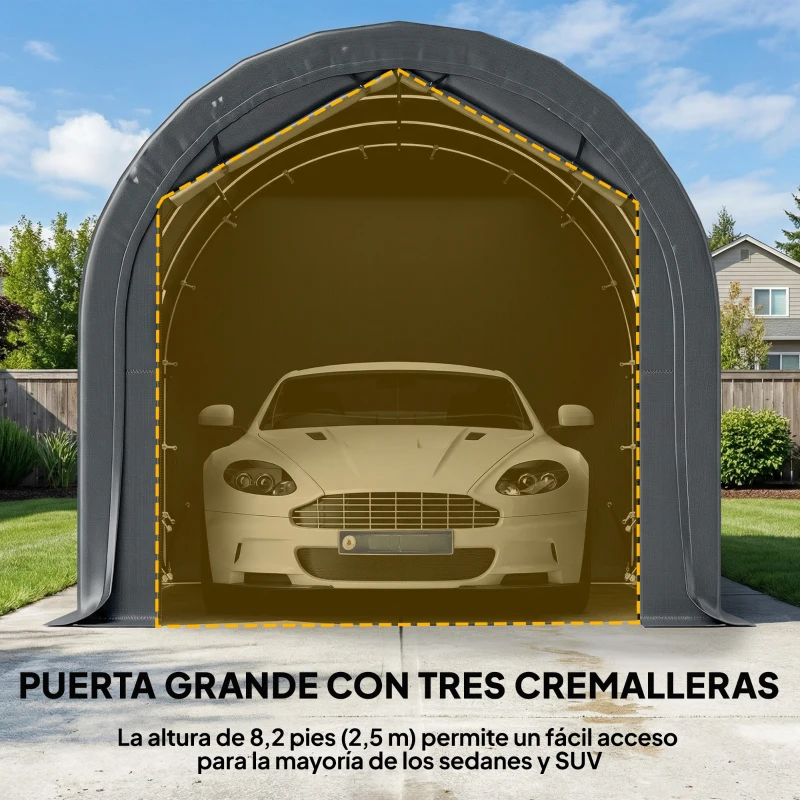 Outsunny Garaje Exterior para Coche 3x6 m Impermeable con Tejido PE Resistente Marco de Metal Galvanizado UPF 30+ Gris Oscuro