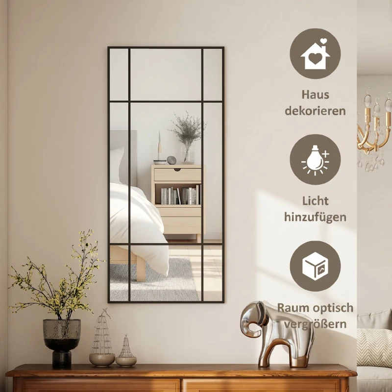 HOMCOM Oglindă de Perete Stil Fereastră cu Montaj Vertical și Orizontal, 110x50cm, Negru