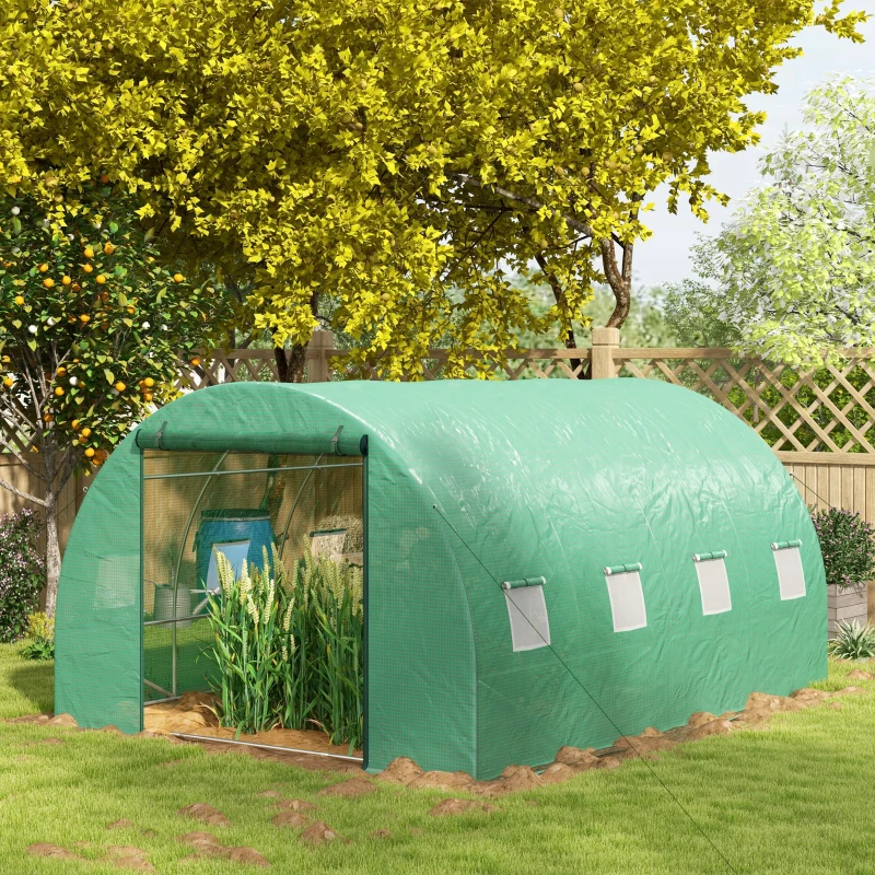 Outsunny Serre de Jardin Tunnel 12 m² 4L x 3l x 2H m Acier renforcé + PE Haute densité 140 g/m² 8 fenêtres Porte enroulable Vert